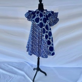 Blue Polka Dot Short-Sleeve Flared Dress