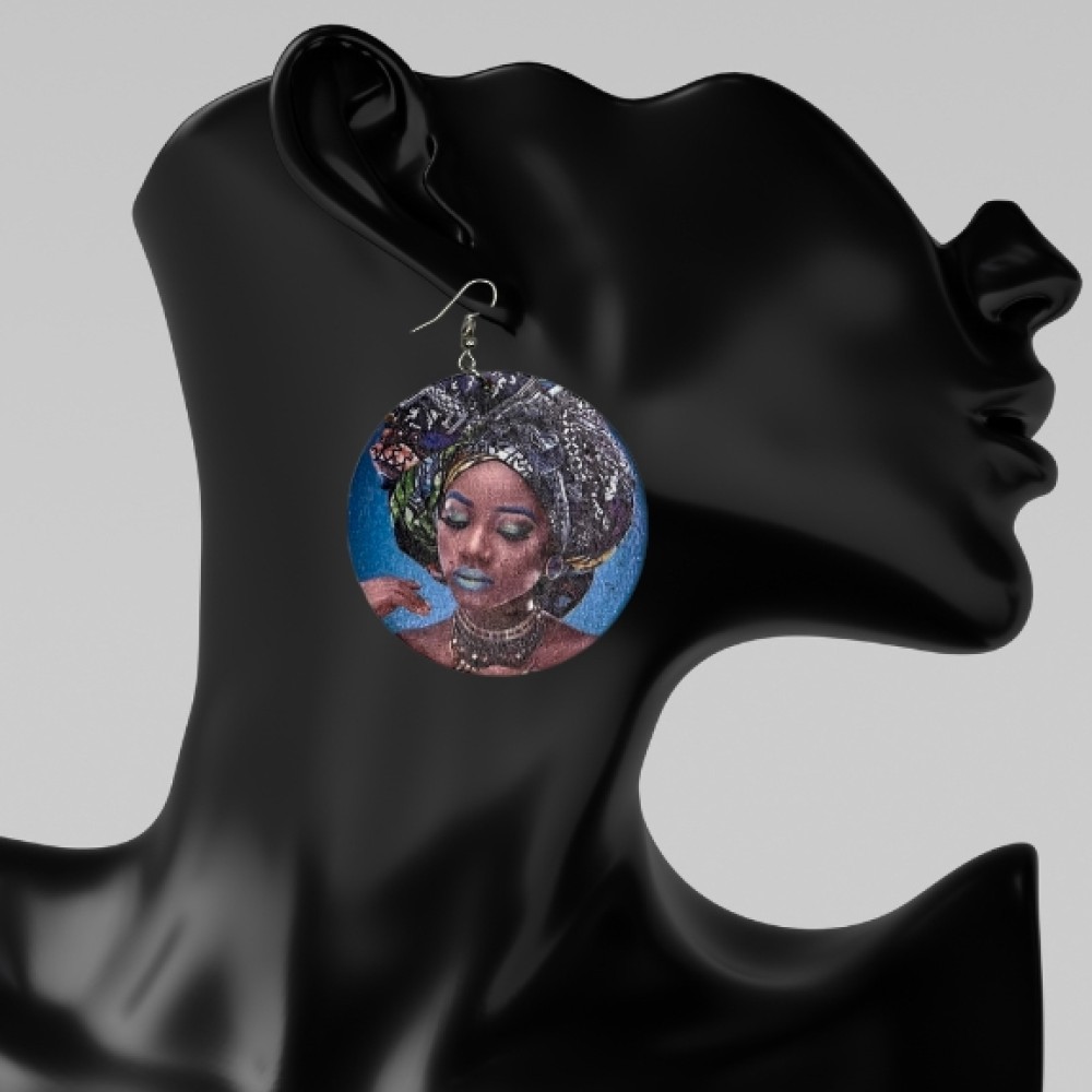 African Woman Face Earrings with Hair Wrap