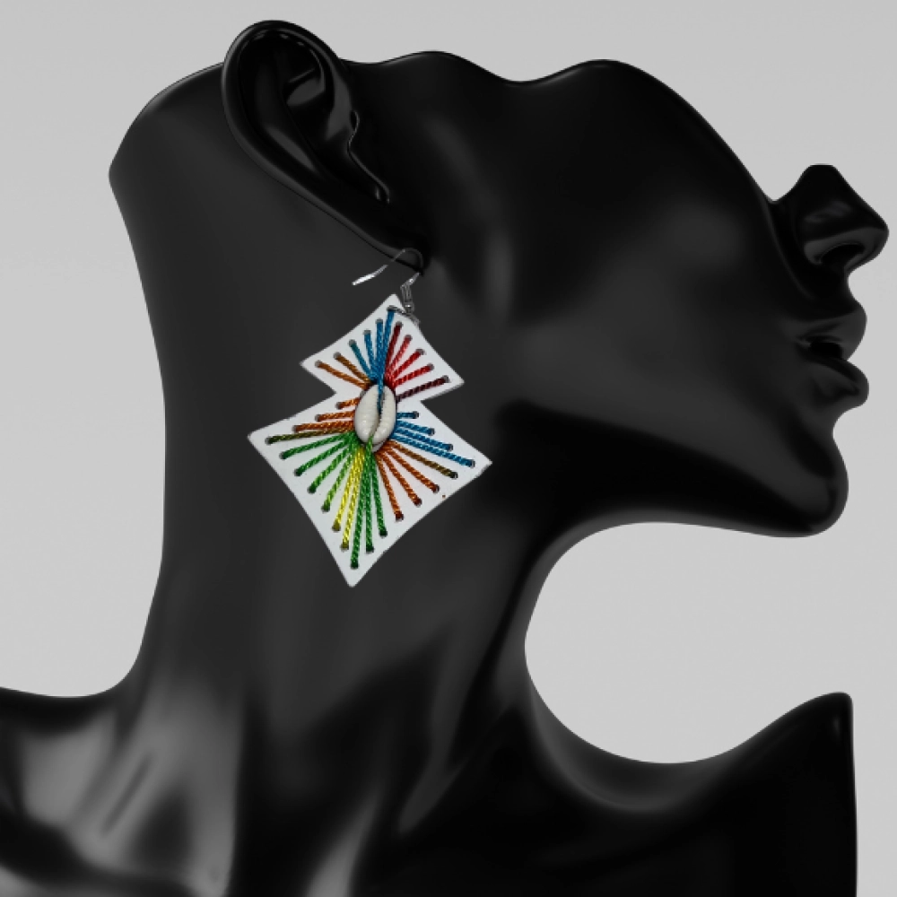 African earrings with h design of colorful thread & cowrie shells