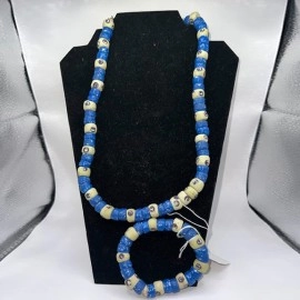 Blue and White Beaded Necklace and Bracelet Set