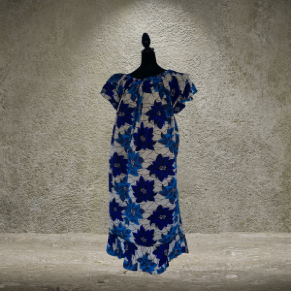 Elegant Blue Bloom Ruffle Hem Dress
